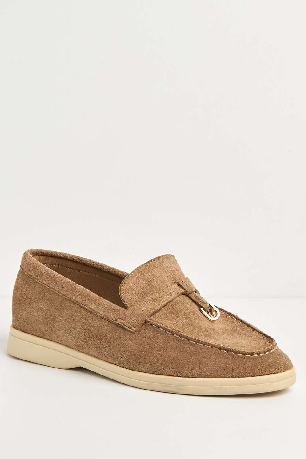 Miss Diva Tonya Charm Detail Slip-On Faux Suede Loafers in Taupe