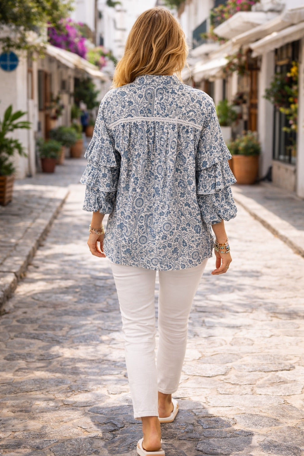 Soul Of Sita Liberty Woodblock Printed Frill Sleeve Blouse In Blue Paisley Floral