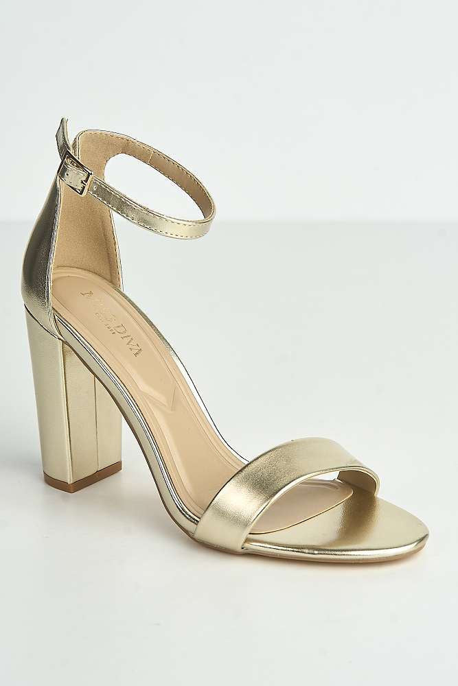 Miss Diva Gold May Barely There Block Heel Ankle Strap Sandal
