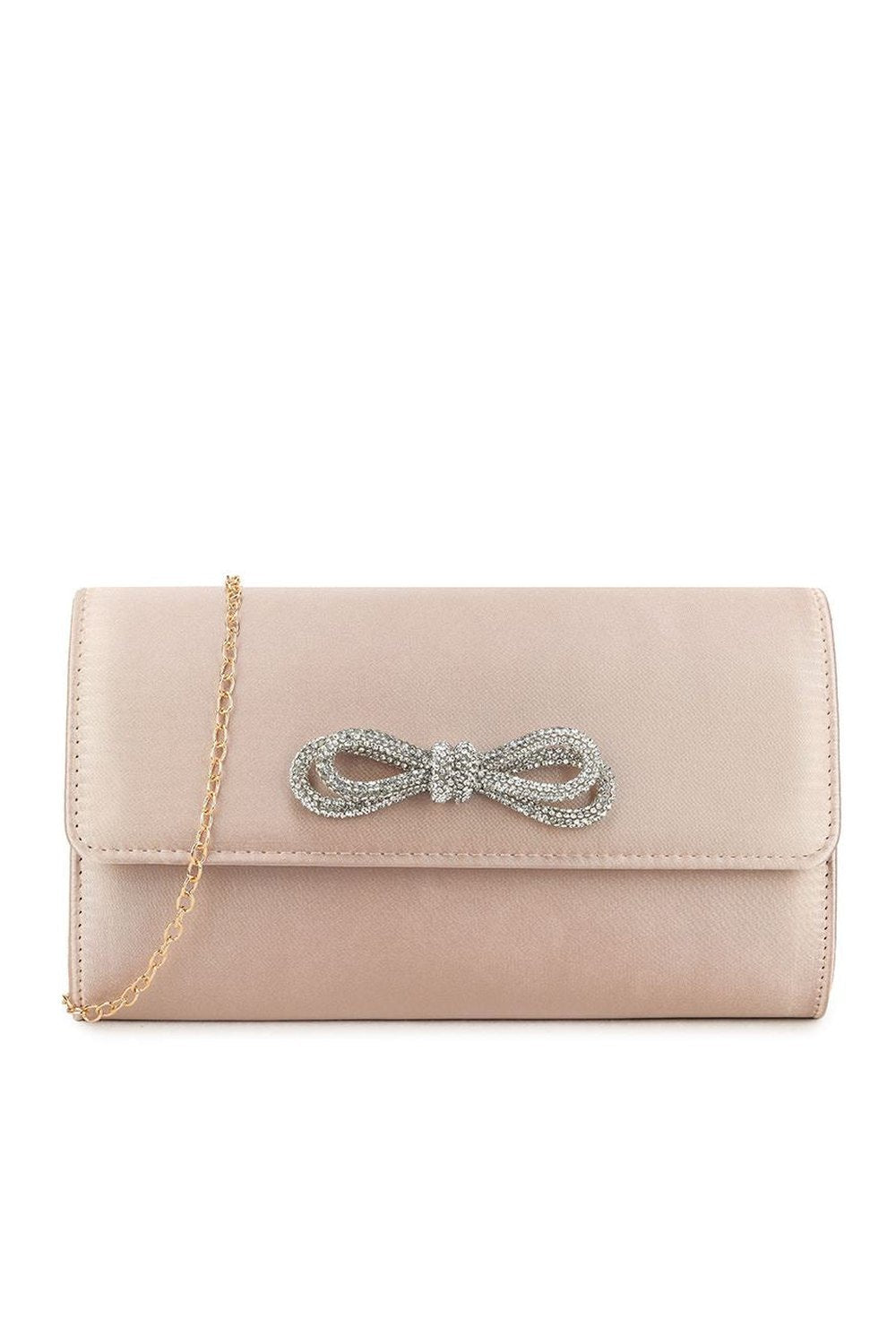 Avery Diamante Bow Detail Clutch Bag in Nude