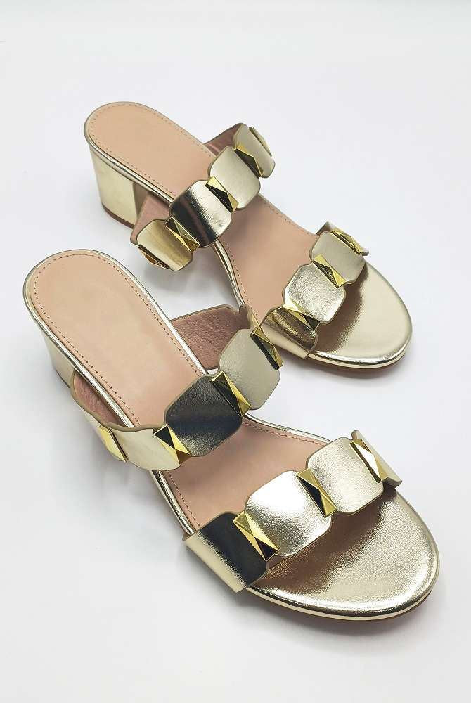 Miss Diva Gold Kolee Stud Detail Block Heel Mules