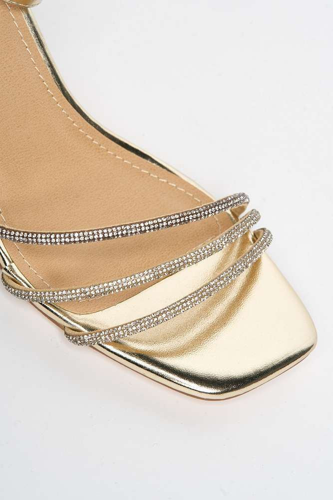 Miss Diva Alyanna Diamante Embellished Metallic Trim Block Heel Sandals in Gold