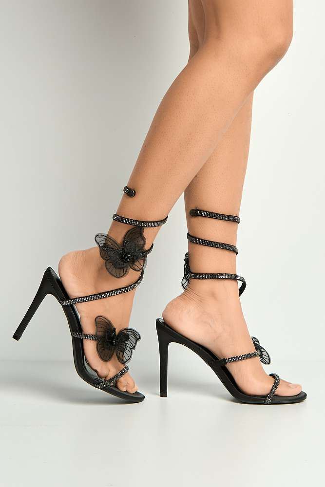 Miss Diva Black Loreli Flower Detail Diamante Heeled Sandals