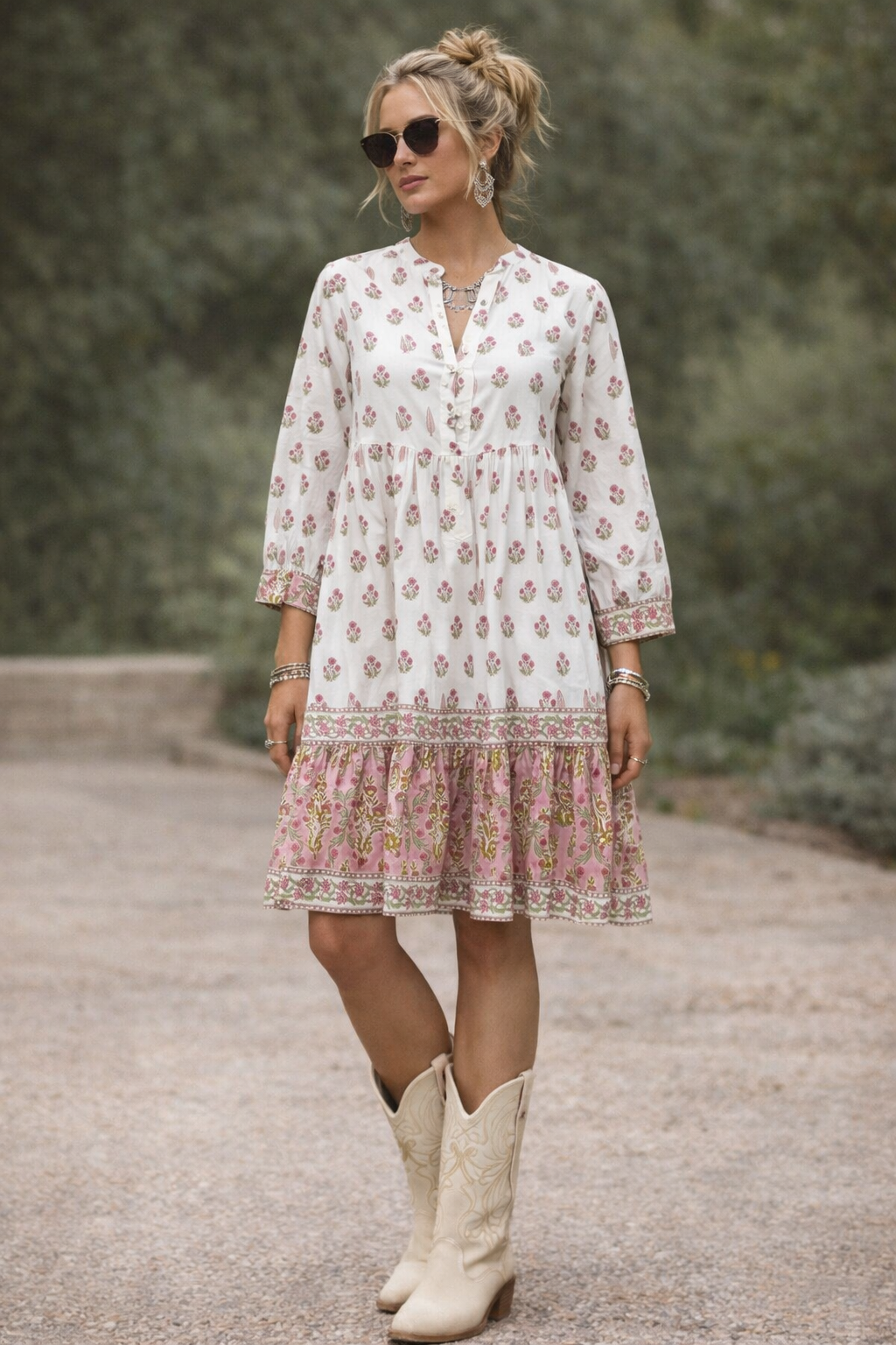 Soul Of Sita Bella Cream And Pink Wood Block Printed Cotton Voile Dress
