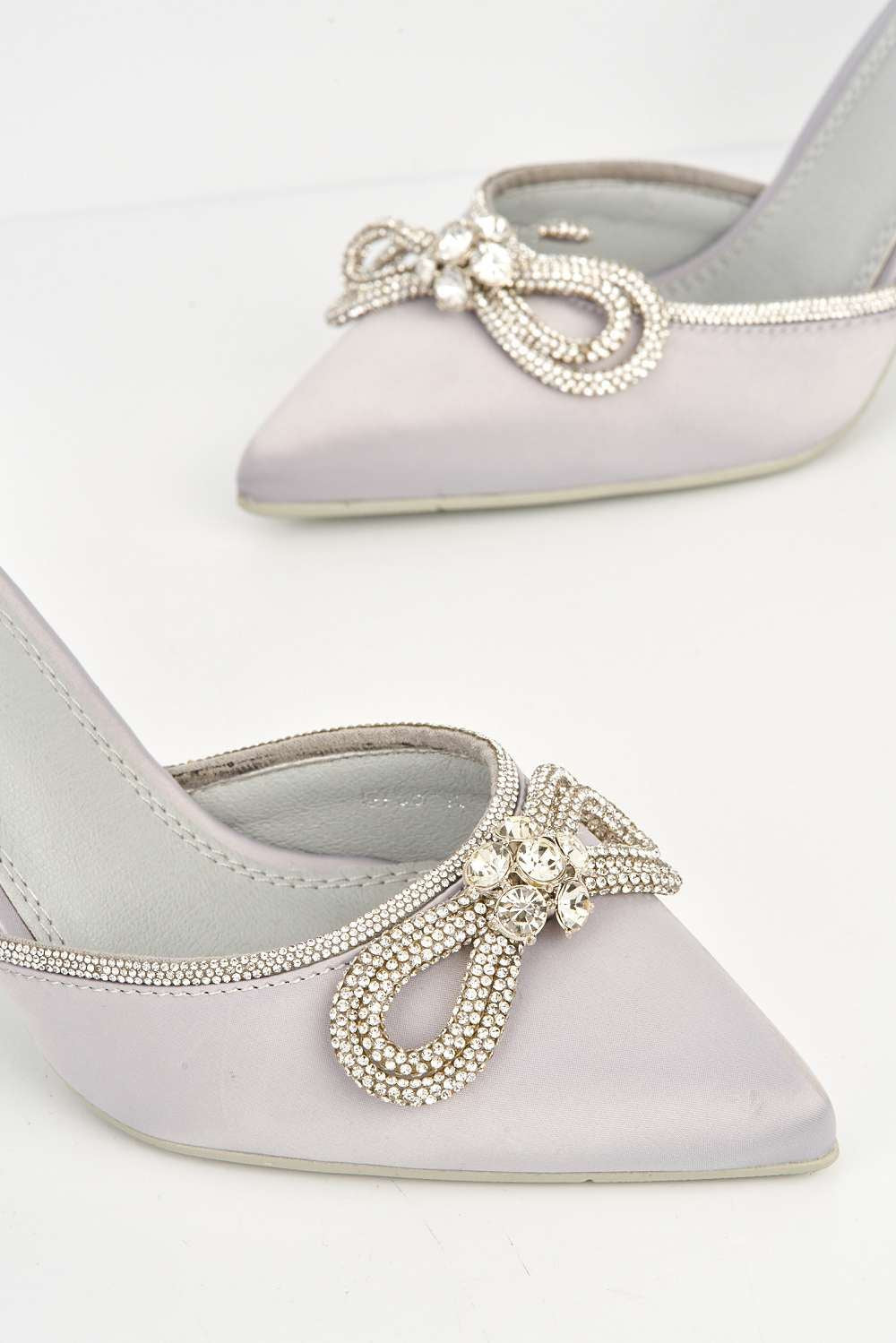 Natalie Pointed Toe Diamante Bow & Strap Court Shoe Heel in Silver Heels Miss Diva