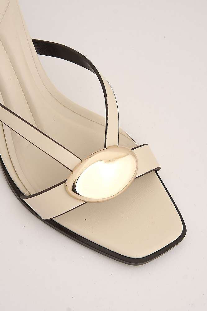 Riona Gold Pebble Detail Slip On Kitten Heel Mules in Cream