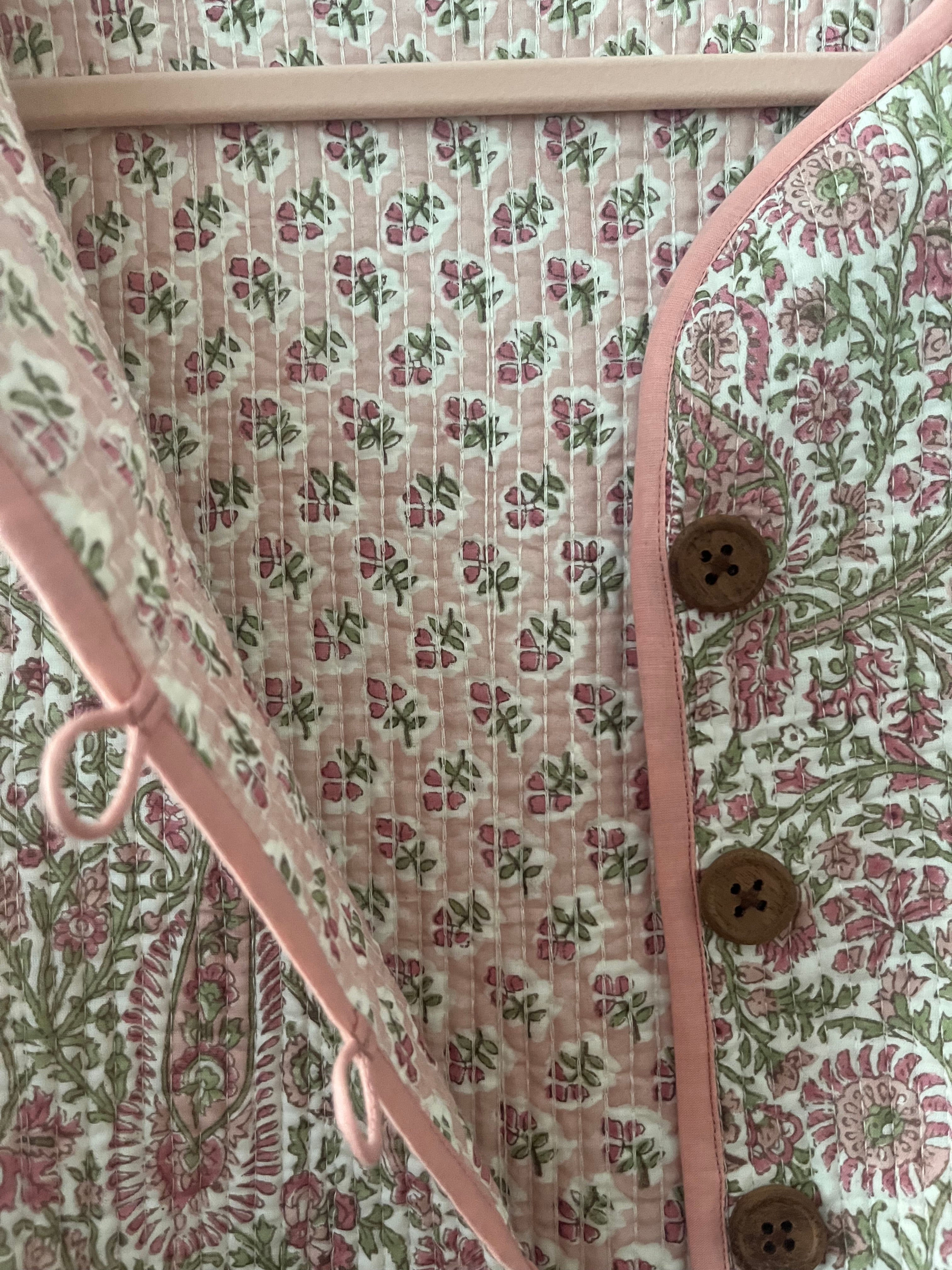Soul Of Sita Pink/Green Floral Wood Block Printed Reversible Jacket With Wooden Buttons, 100% Cotton, Hand Printed By Amazingly Talented Artisans In Jaipur.