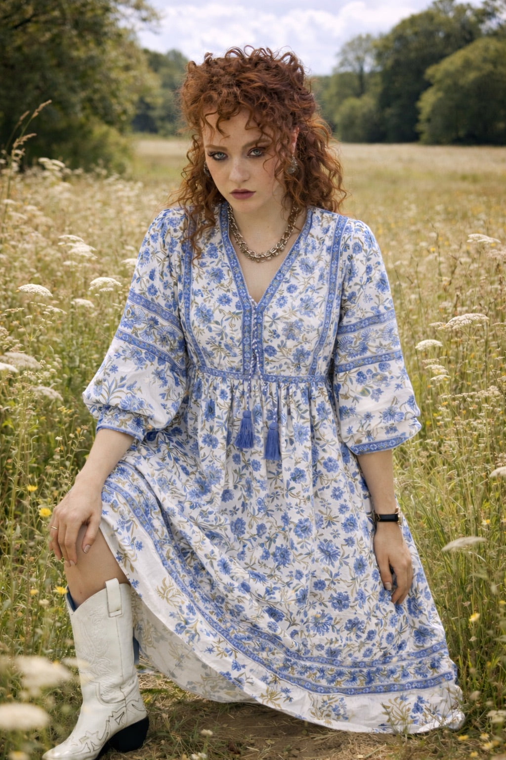 Soul Of Sita Amelia San Floral In Blue/Green Floaty Sleeve Maxi Folk Dress In Woodblock Print