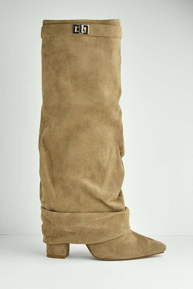 Miss iva Taupe Izel Block Heel Pointy Toe Gold Boots