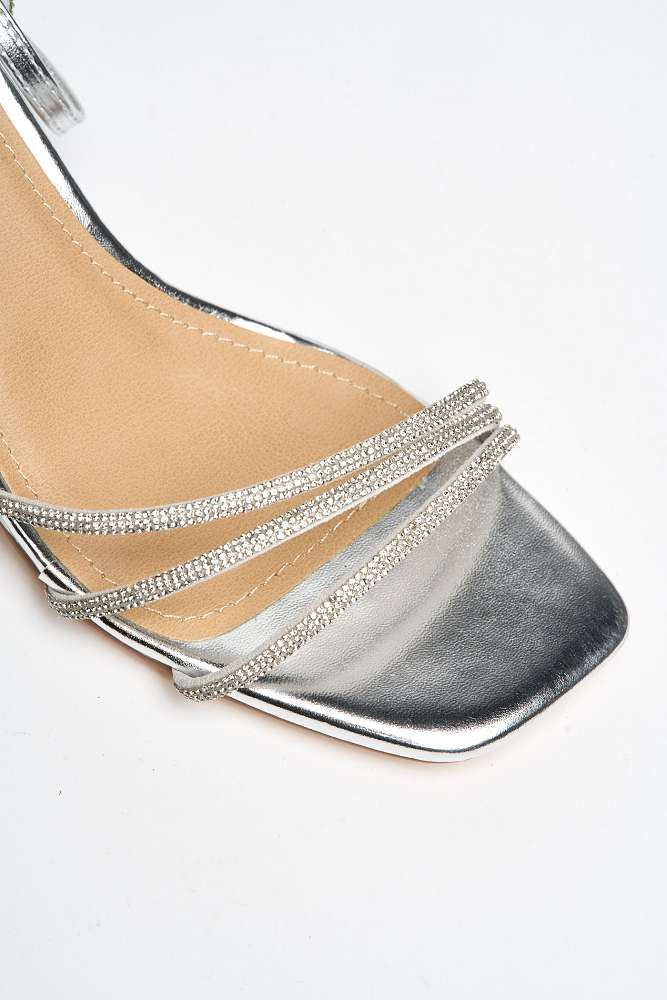Miss Diva Alyanna Diamante Embellished Metallic Trim Block Heel Sandals in Silver