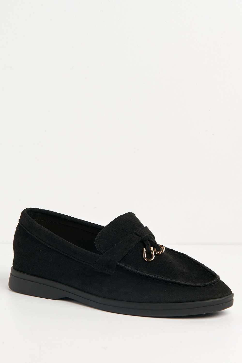 Miss Diva Tonya Charm Detail Slip-On Faux Suede Loafers in Black