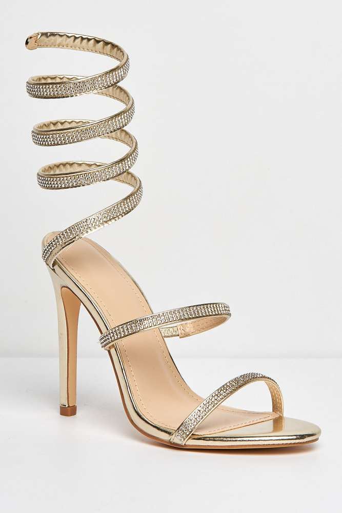 Miss Diva Hellena Diamante Embellished Women's Heeled Sandals in Gold