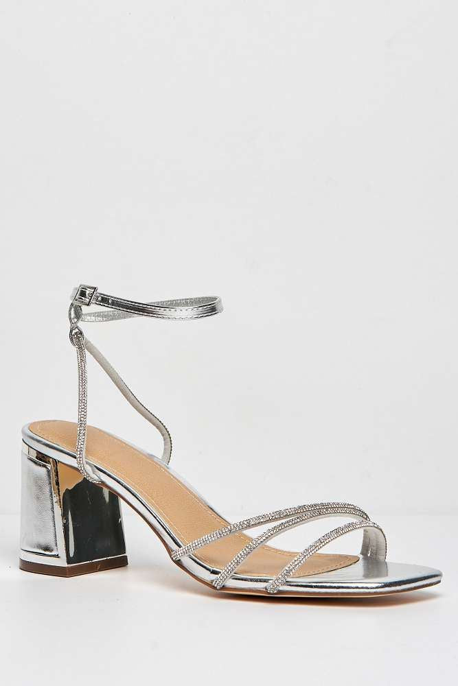 Miss Diva Alyanna Diamante Embellished Metallic Trim Block Heel Sandals in Silver