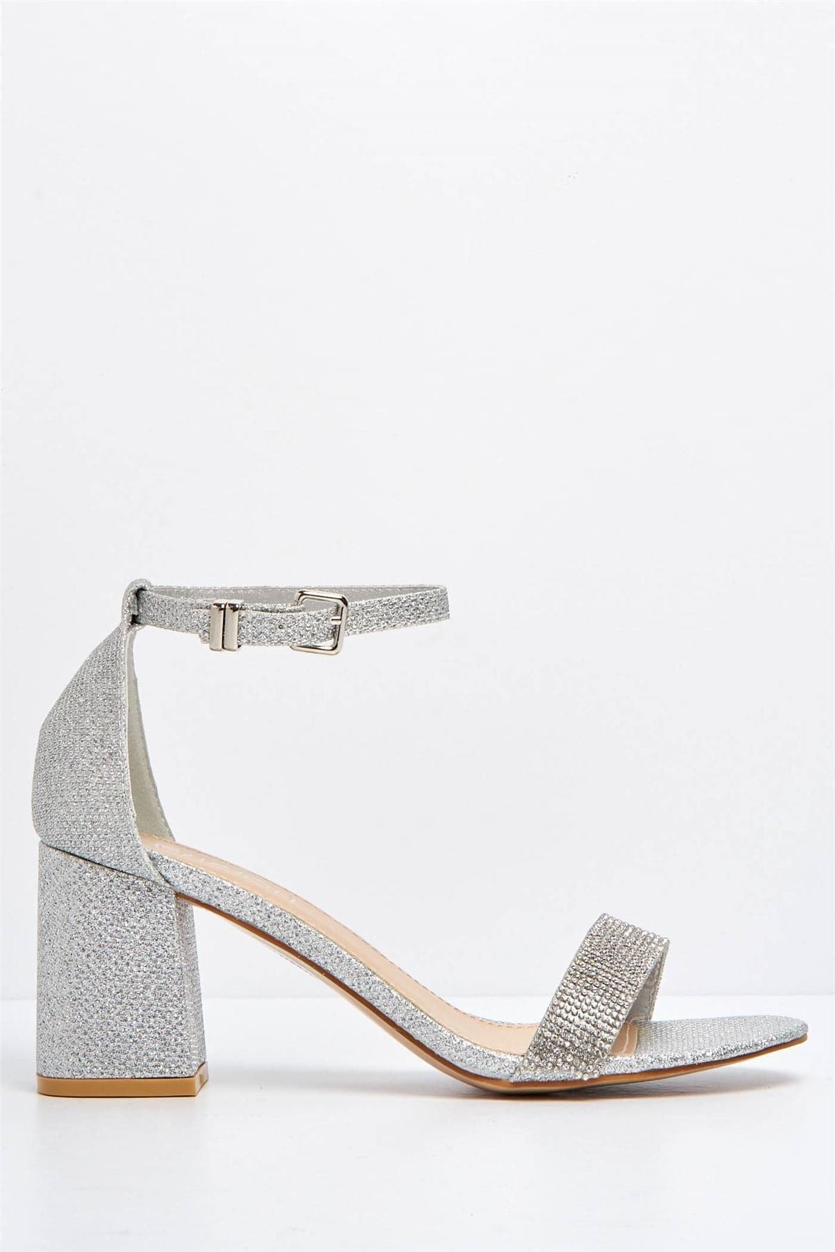 Asti Block Heel Ankle Strap Sandal in Silver Heels Miss Diva