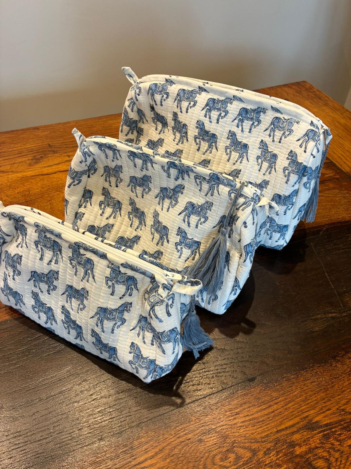 Soul Of Sita Woodblock Blue Horse Quilted Makeup Bag Set
