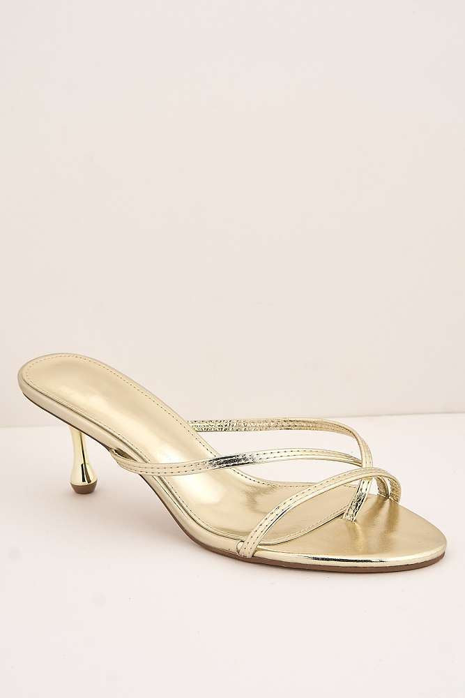 Miss Diva Gold Sylvia Toepost Strappy Slip On Kitten Heel Mules