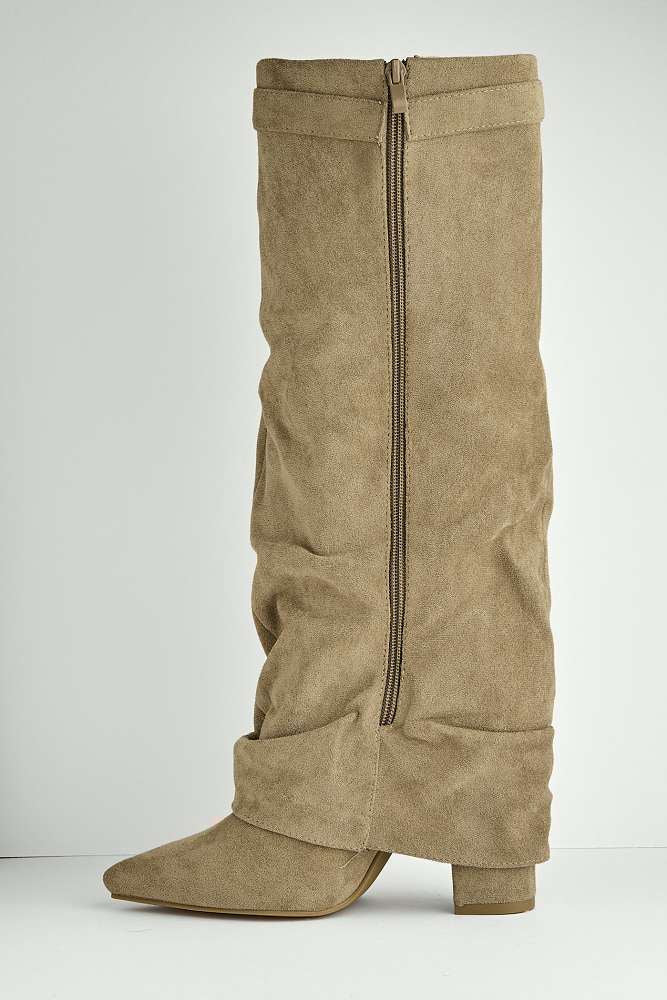 Miss iva Taupe Izel Block Heel Pointy Toe Gold Boots