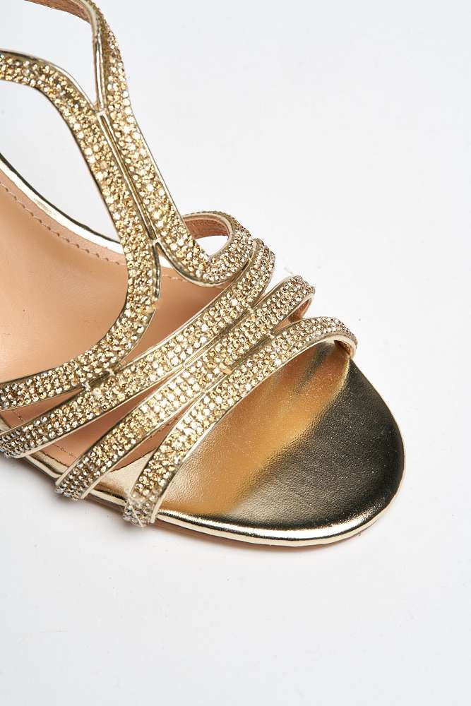 Miss Diva Amanda 3 Diamante Strap T-bar Block Heel Sandal in Gold