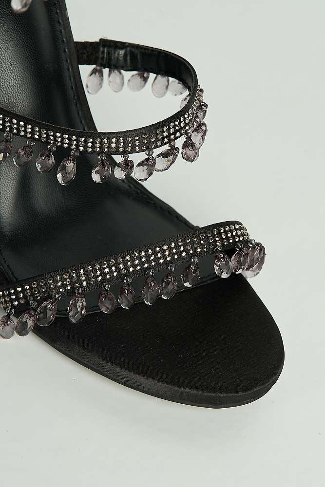 Annette Diamante & Crystal Droplets Embellished Heeled Sandals in Black