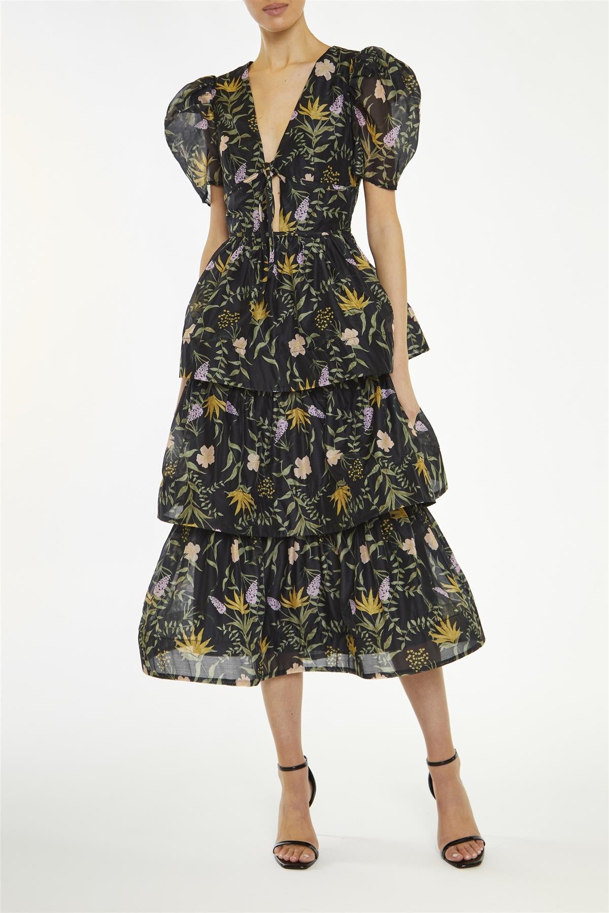 True Decadence Black-Stem Ariella Nature-Floral Tiered Midaxi-Dress