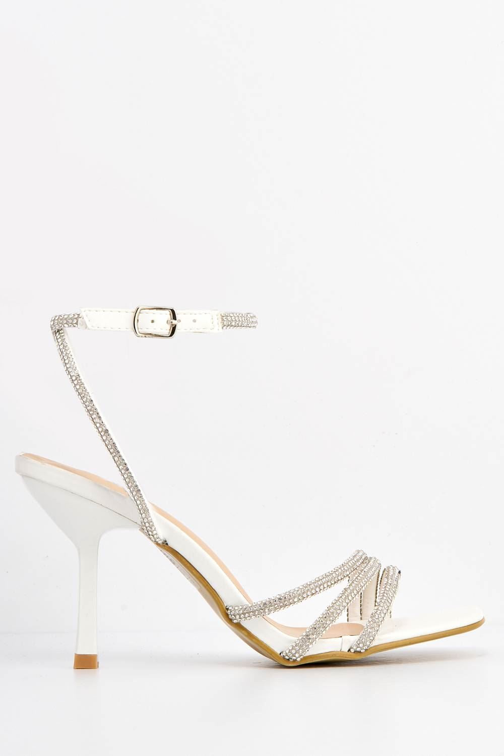 Miss Diva Camina Diamante Embellished 3 Strap Heeled Sandals in White