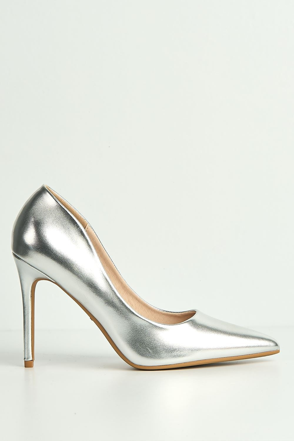 Mila High Stiletto Metallic Heel Court Shoe in Silver