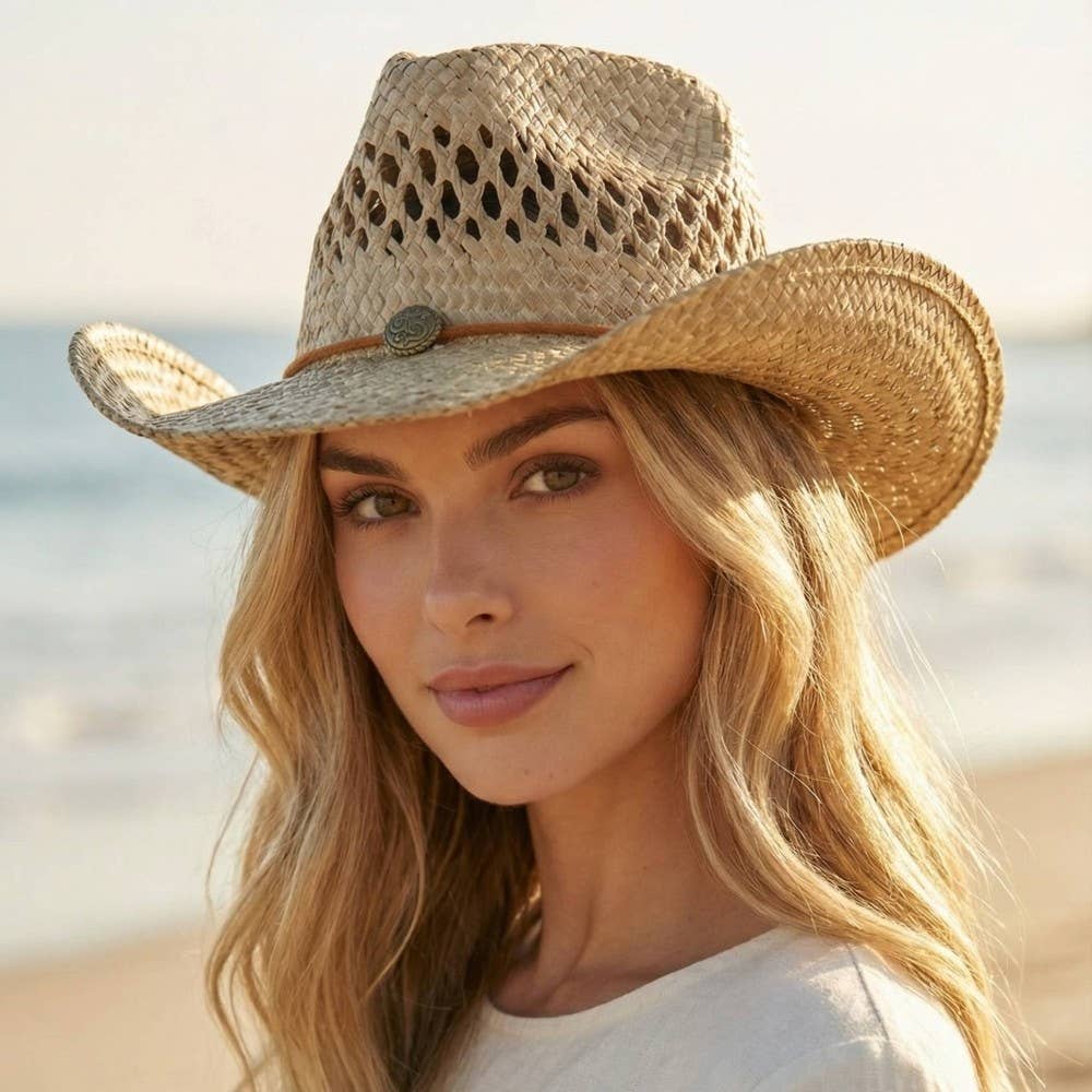 Soul Of Sita Straw Basket Rope Strap Western Cowboy Hat: Natural
