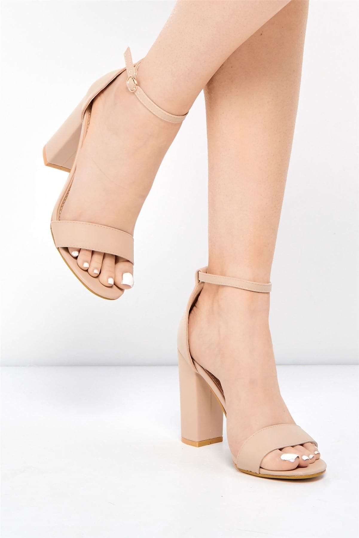 May Barely There Block Heel Ankle Strap Sandal in Nude PU Heels Miss Diva