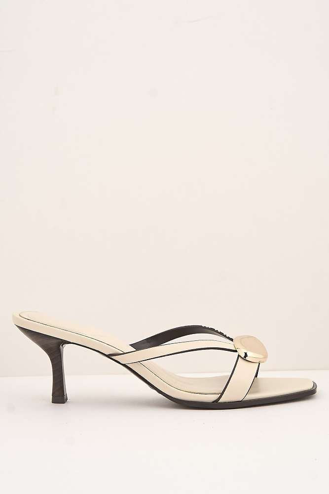 Riona Gold Pebble Detail Slip On Kitten Heel Mules in Cream