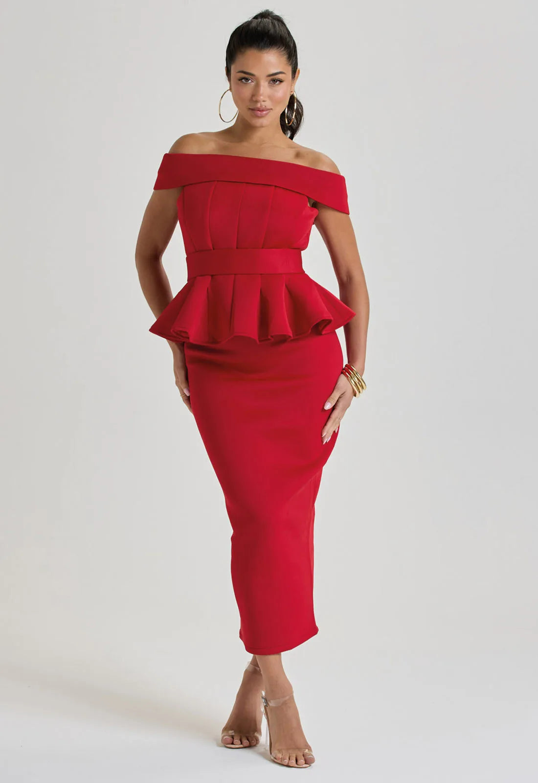 Red two piece skirt set discount