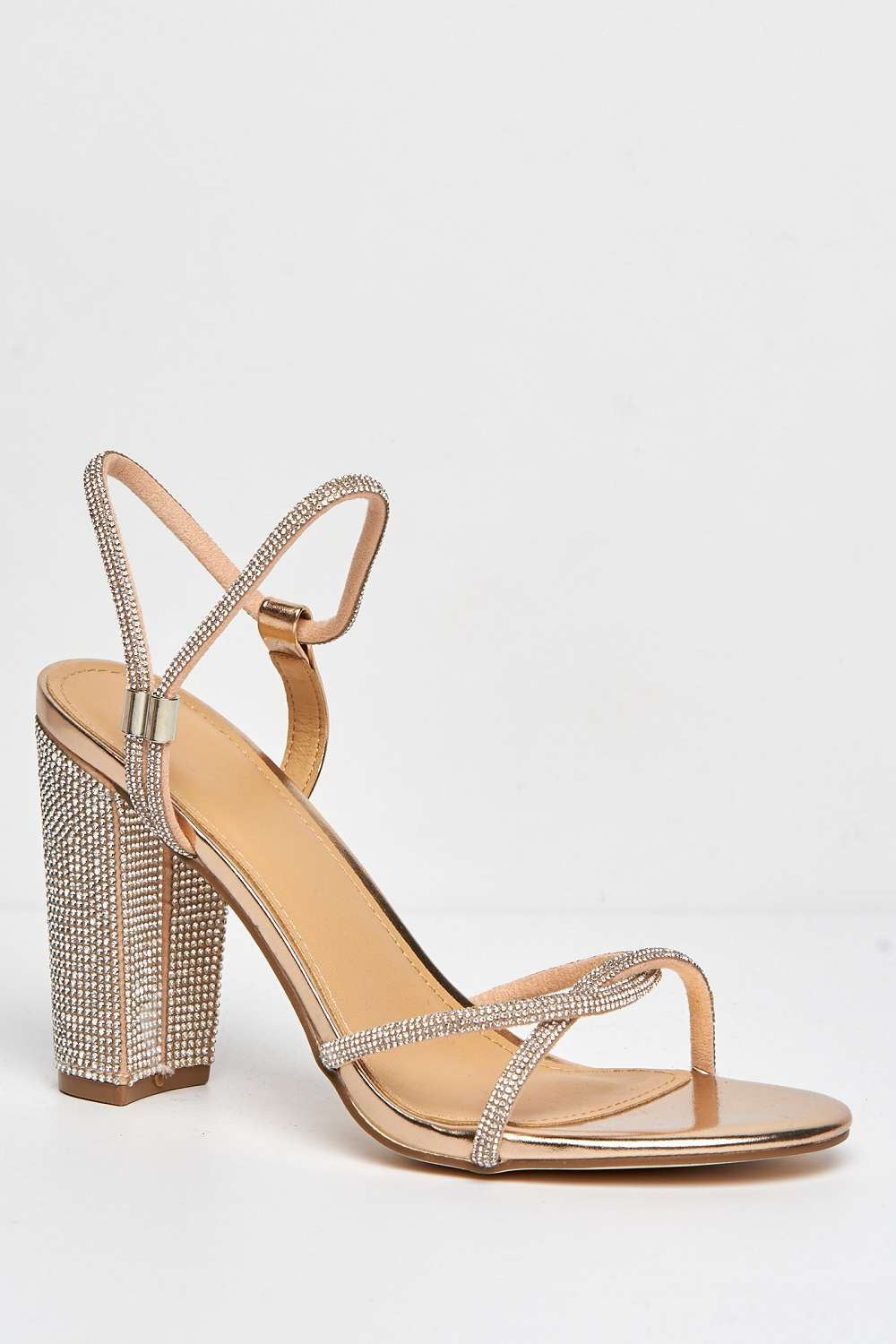 Miss Diva Rayah Diamante Embellished Block Heel Sandals in Rose Gold