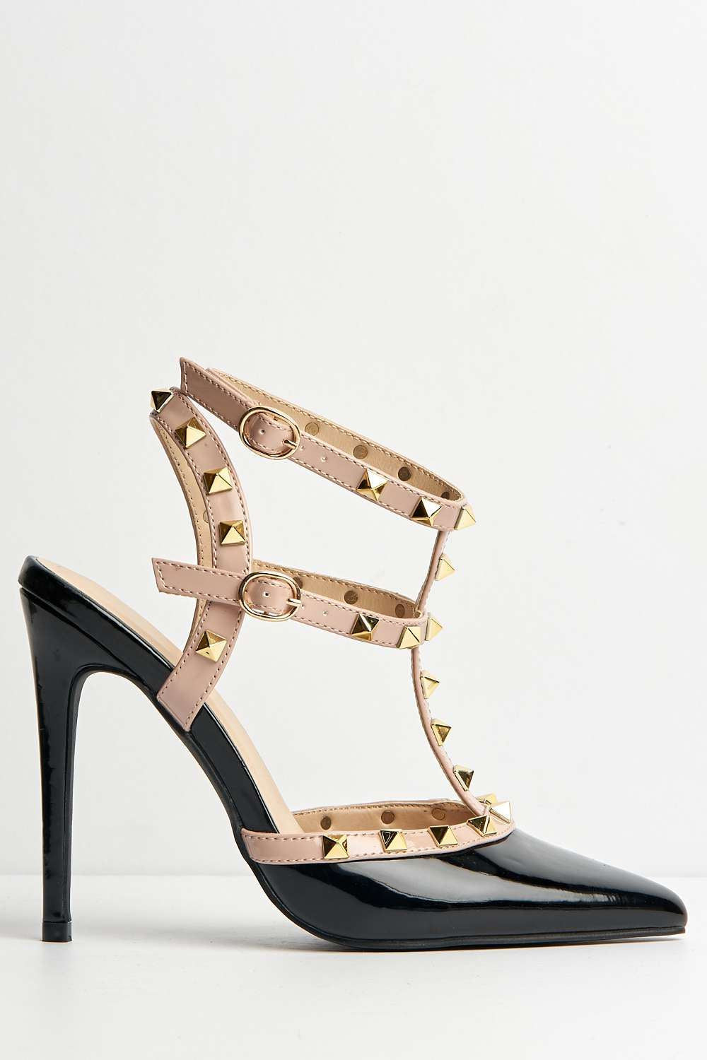 Miss Diva Paya Pointed Toe Studded Ankle Strap Court Shoes in Black Patent