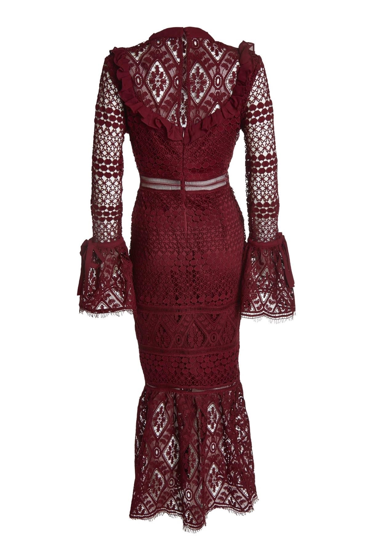 True Decadence Burgundy Jenna Peplum-Sleeve Lace Midi Dress