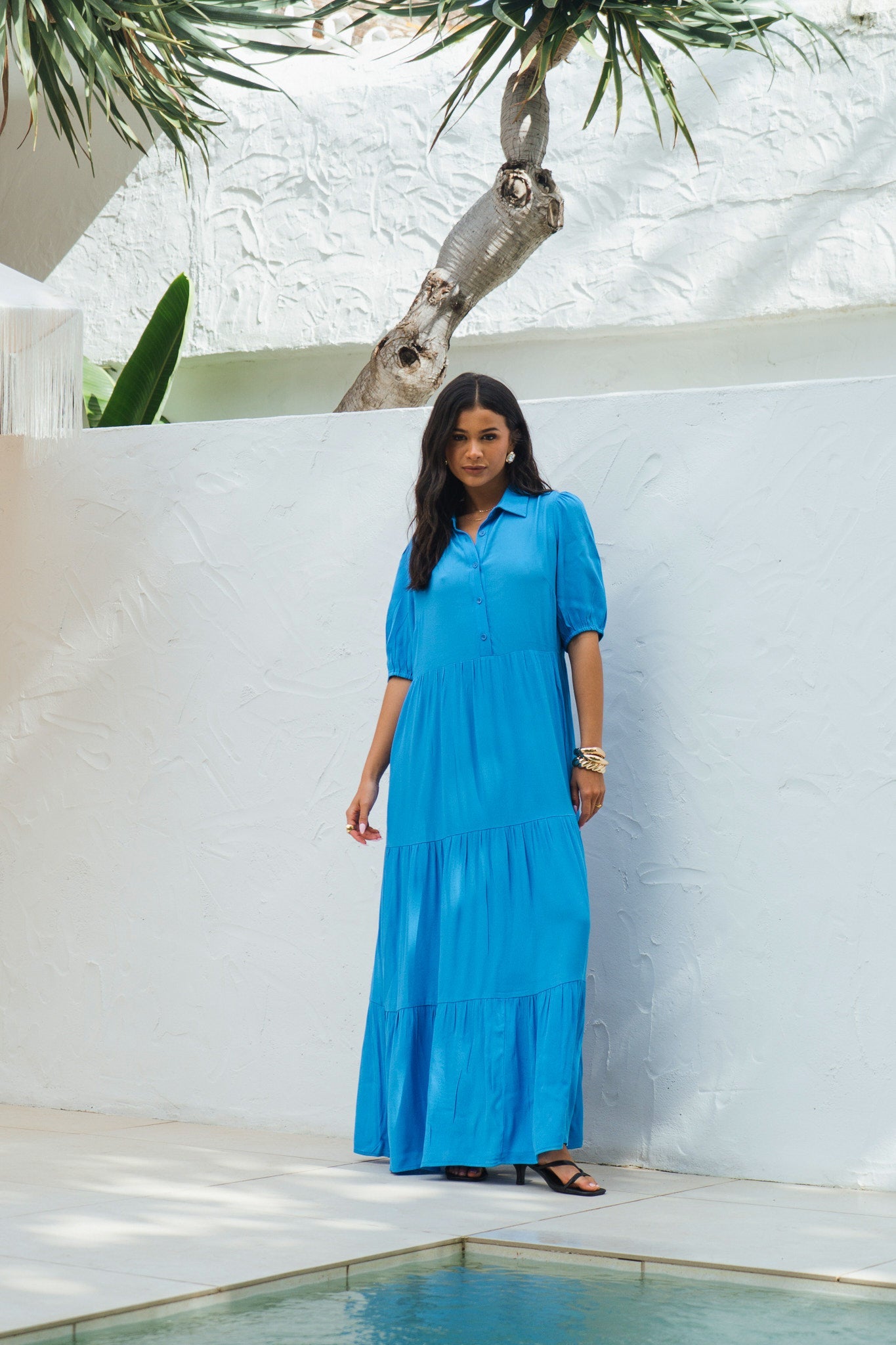 Gini London Blue Button Through Skater Maxi Dress