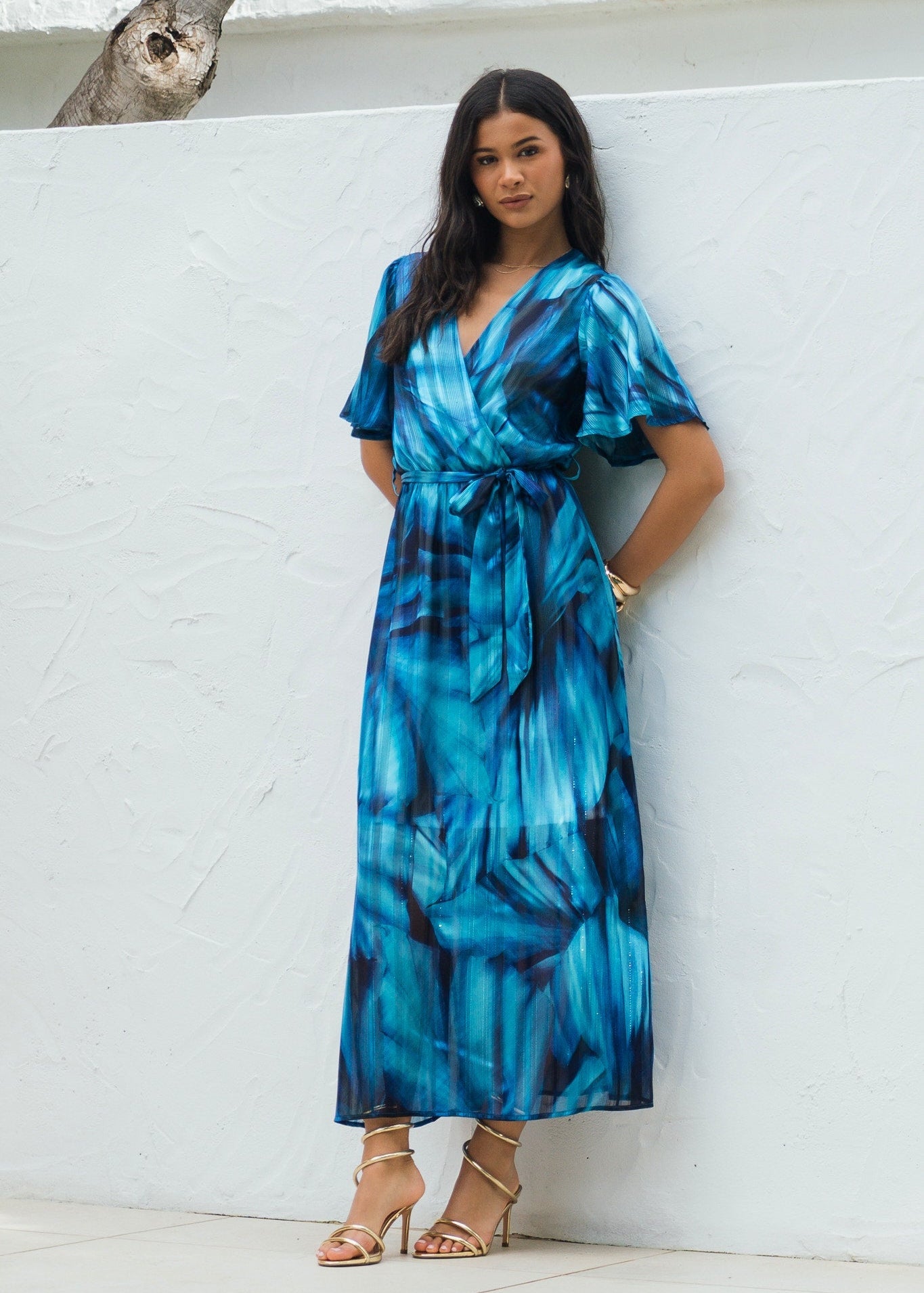 Gini London Blue Tie Dye Print Wrap Midi Dress