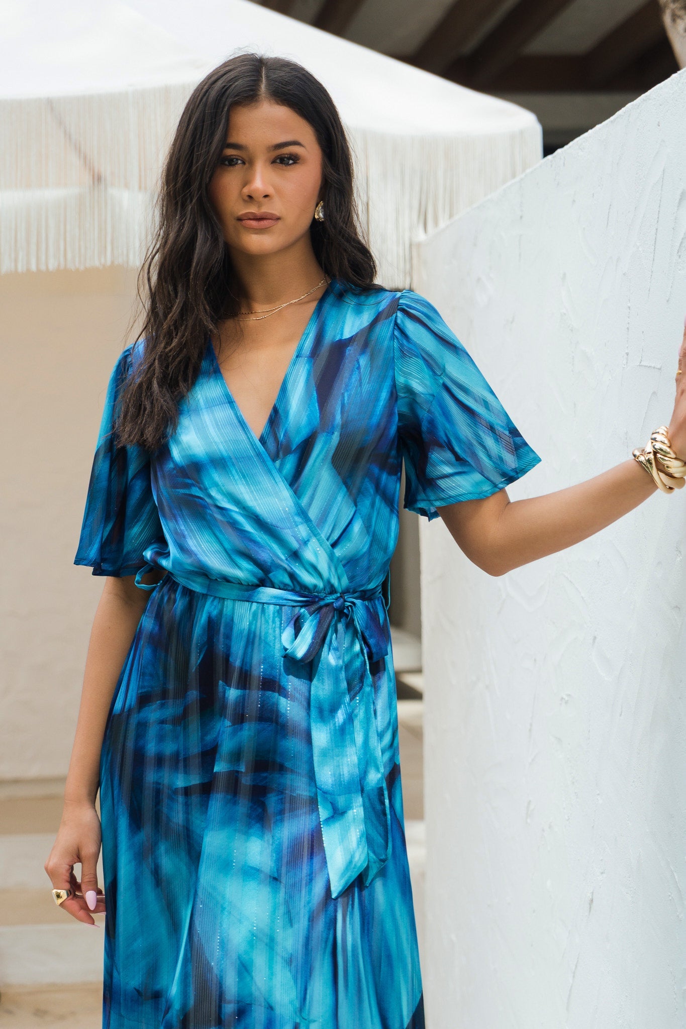 Gini London Blue Tie Dye Print Wrap Midi Dress