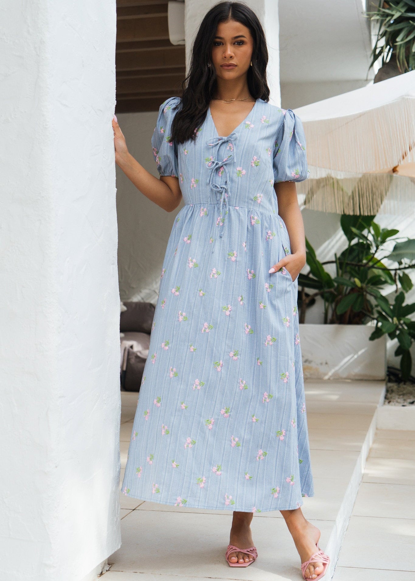 Gini London Blue Cotton Mix Tie Detail Puff Sleeves Midi Dress