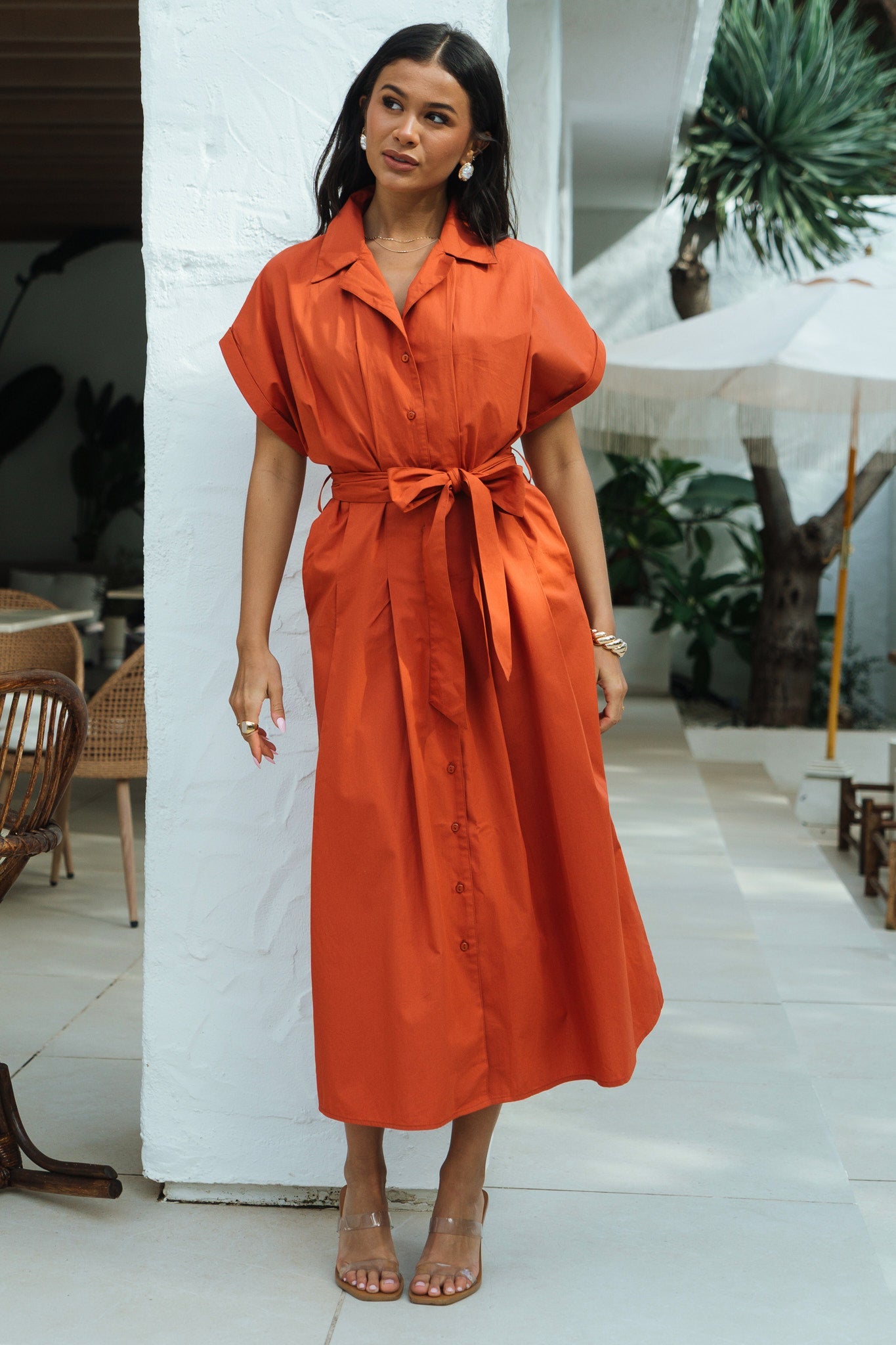 Gini London Rust Cotton Button Through Belted Shirt Dress