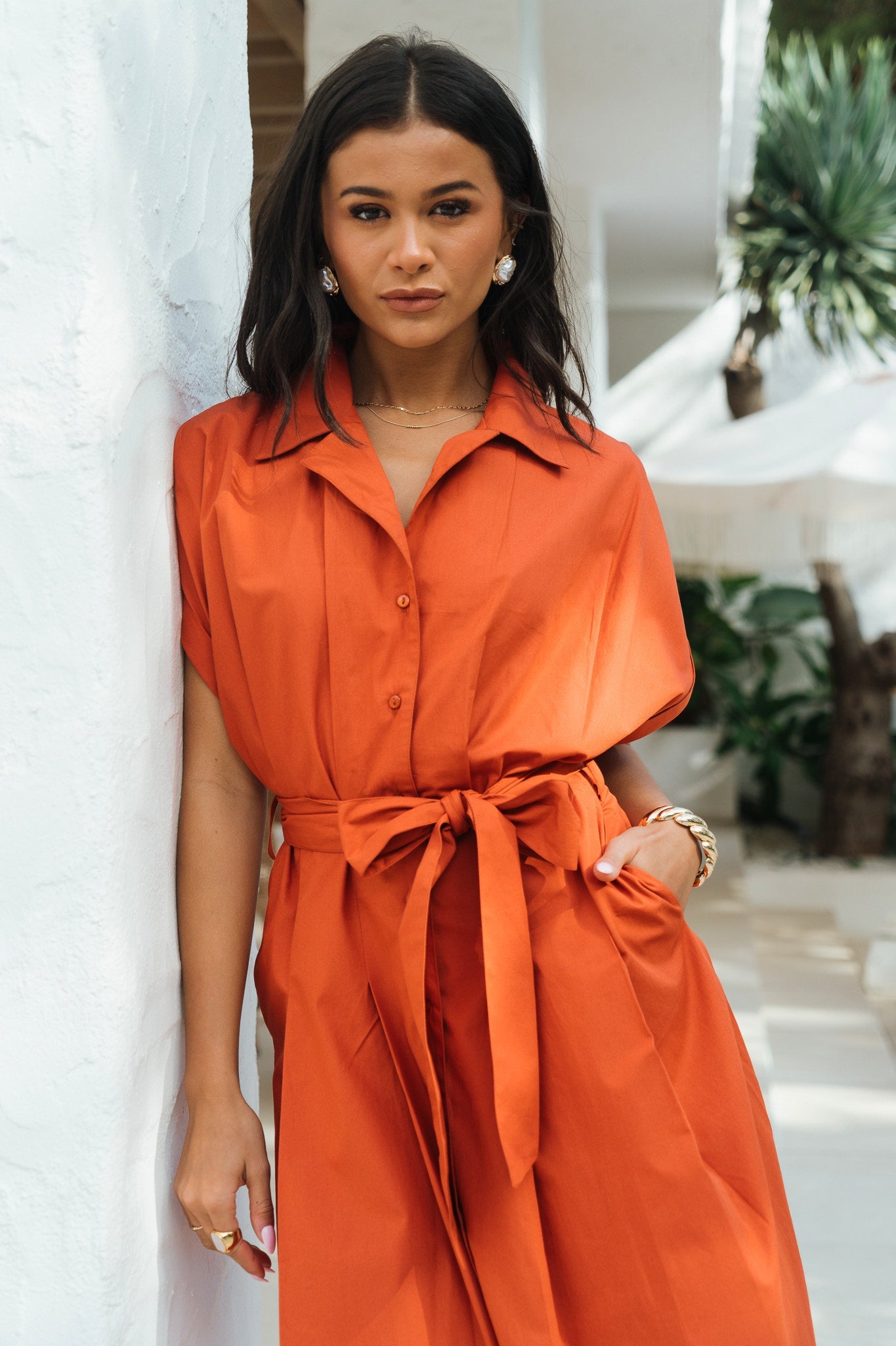 Gini London Rust Cotton Button Through Belted Shirt Dress