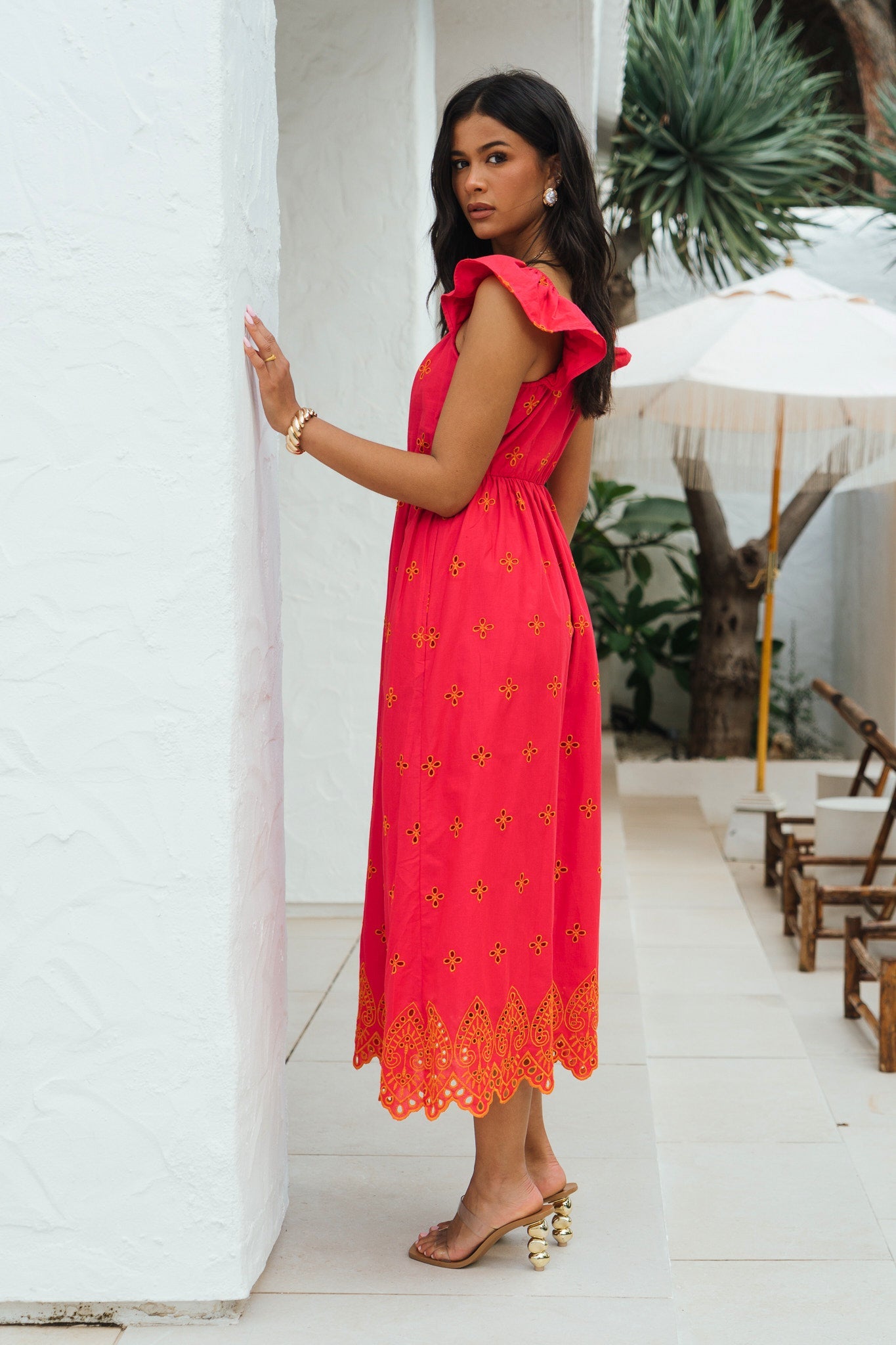 Gini London Pink Ruffle Sleeves Broderie Sun Dress