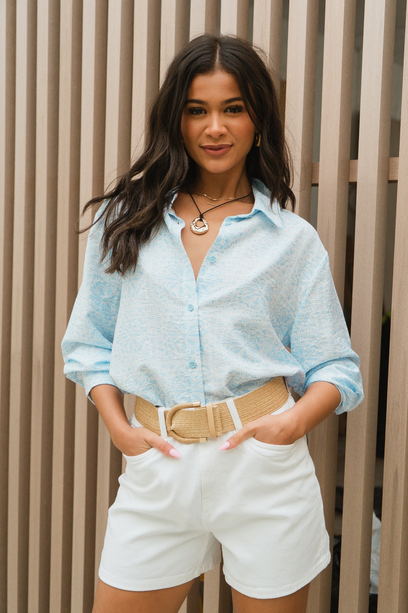 Gini London Cotton Mix Blue Tile Print Button-Through Shirt