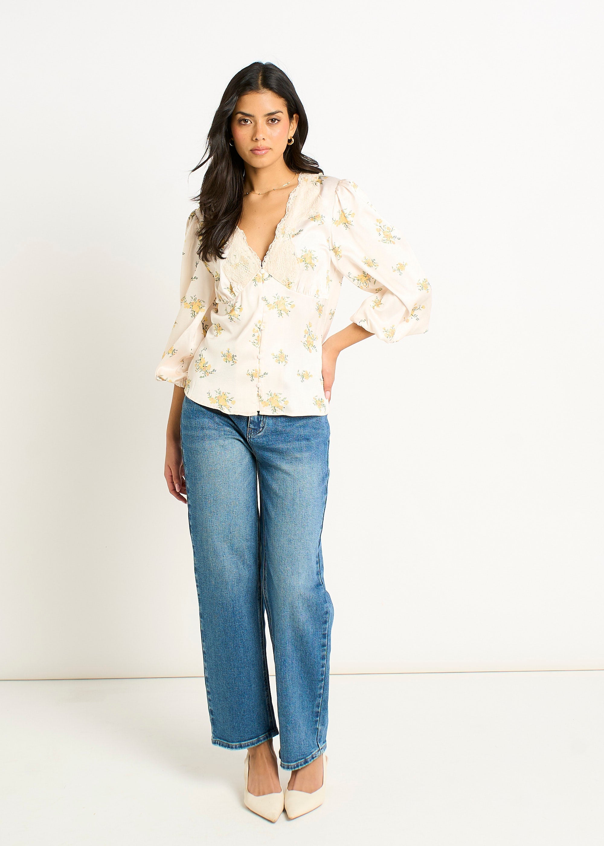 Gini London Cream Lace Trim Satin Button Through Blouse
