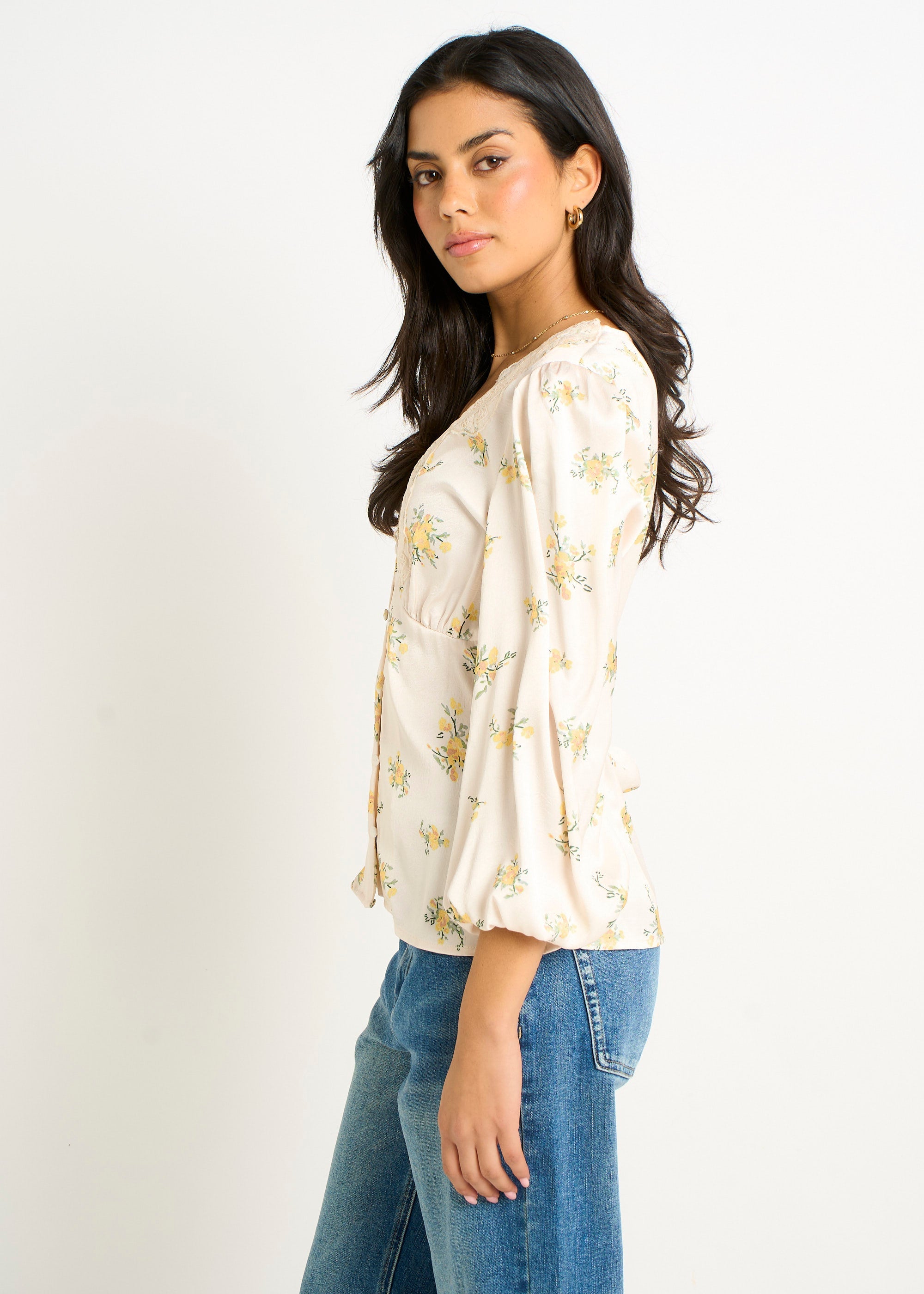 Gini London Cream Lace Trim Satin Button Through Blouse