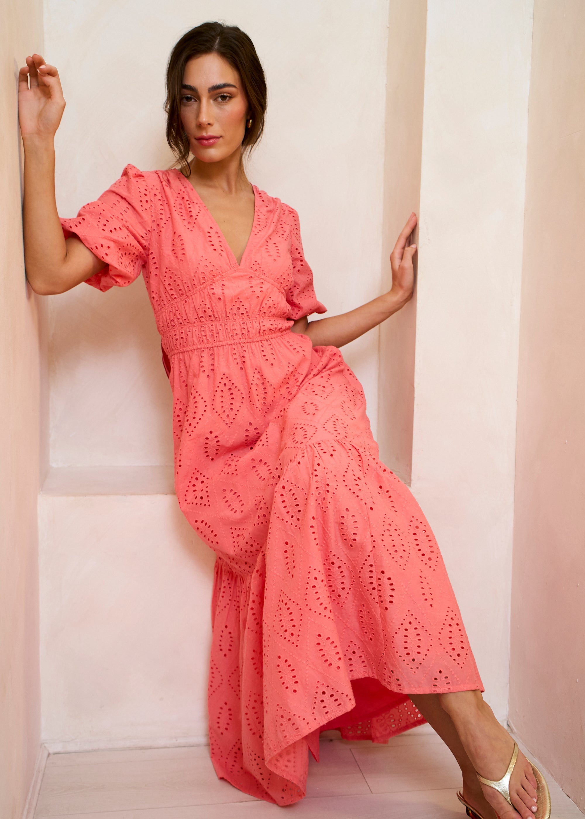 Gini London Coral Diamond Cutwork V Neck Broderie Dress