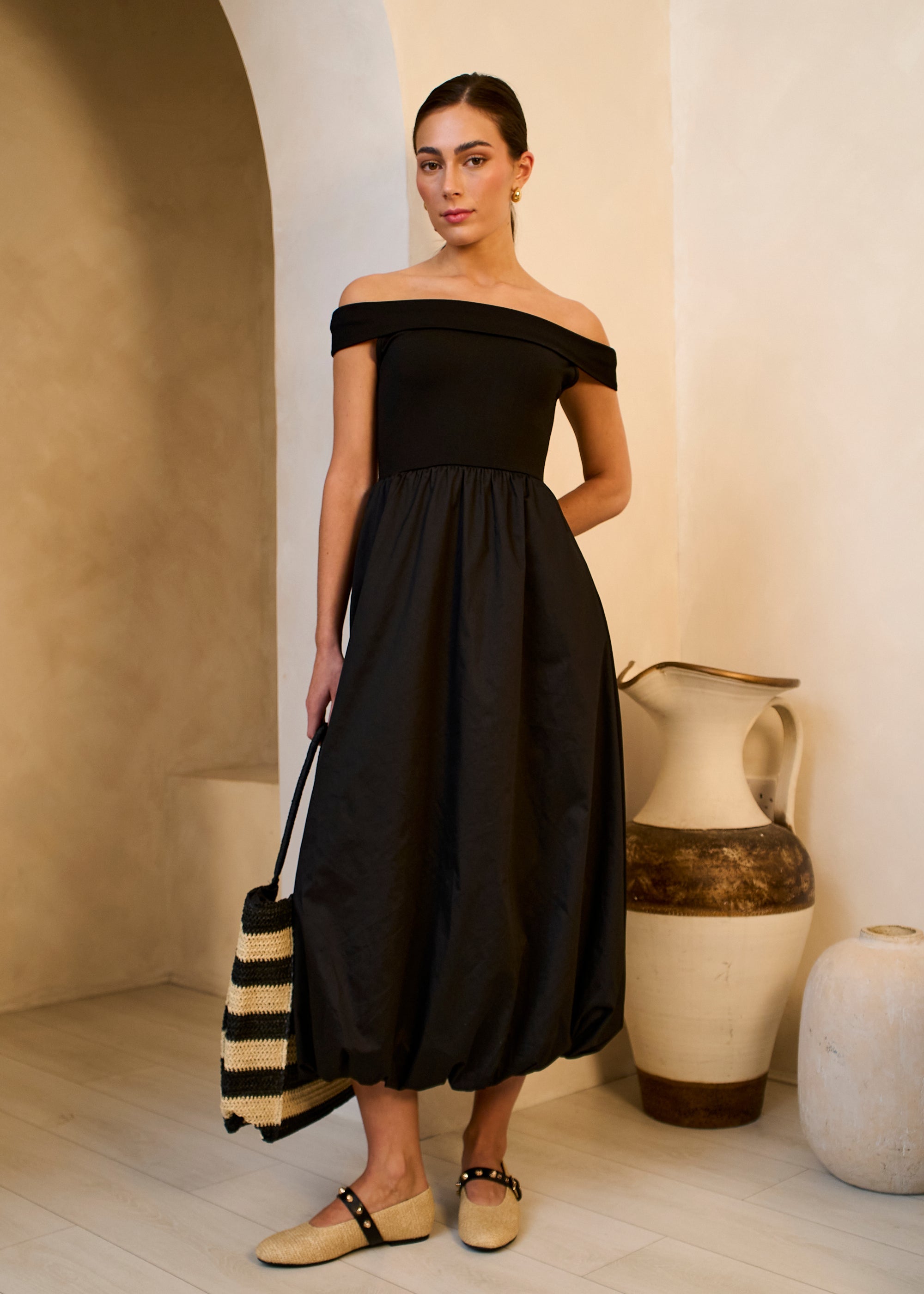 Gini London Black Bardot Jersey Mix Puff Ball Midi Dress