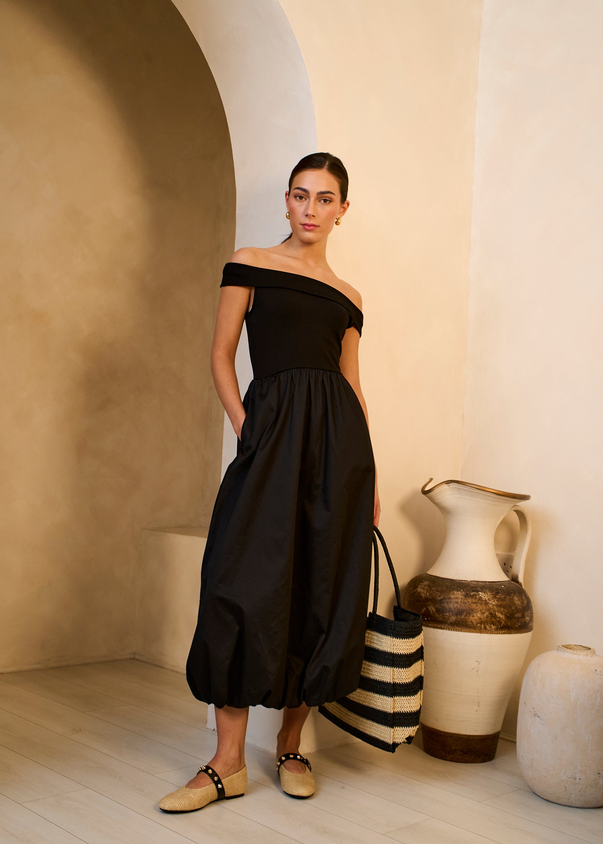 Gini London Black Bardot Jersey Mix Puff Ball Midi Dress