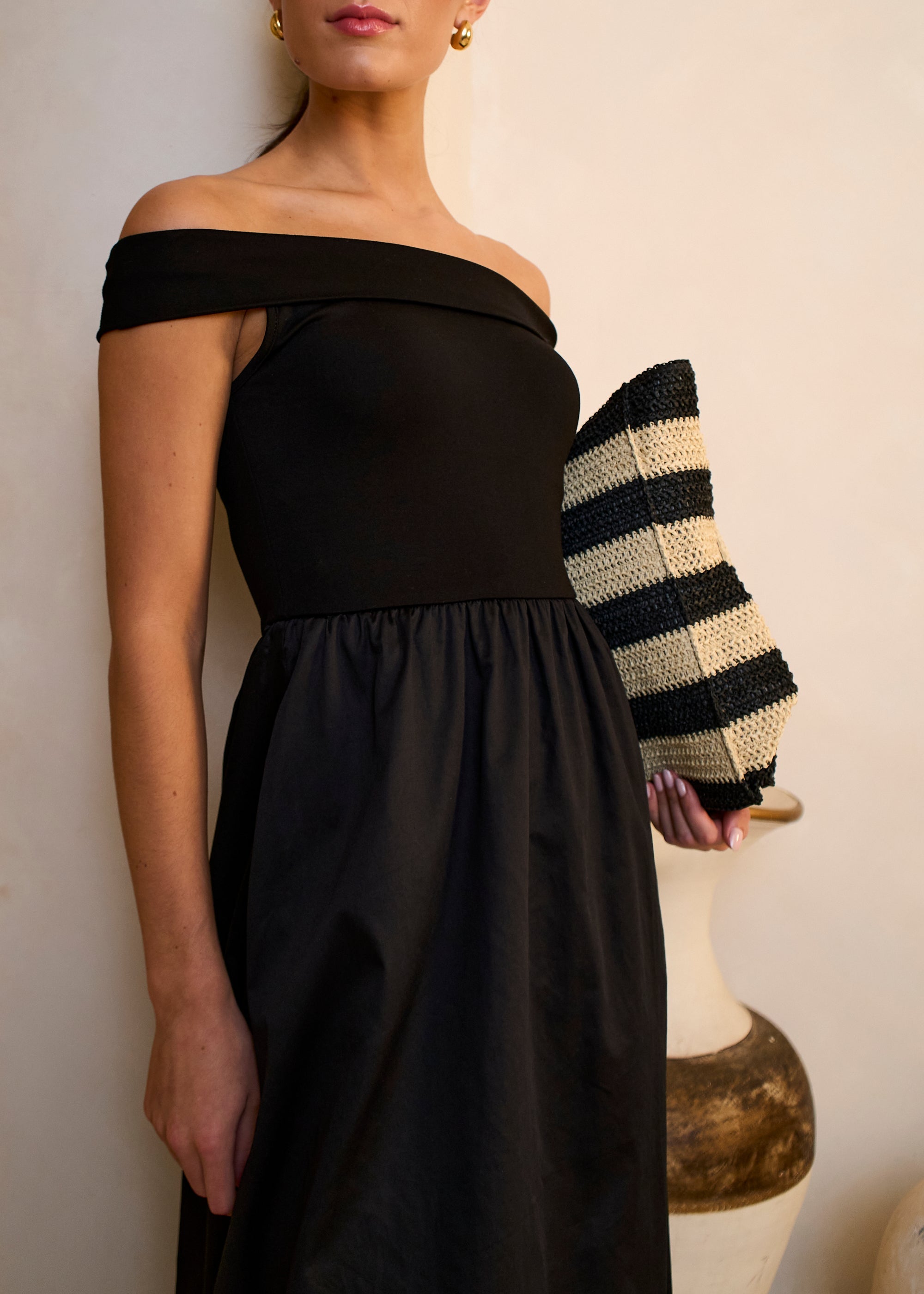 Gini London Black Bardot Jersey Mix Puff Ball Midi Dress