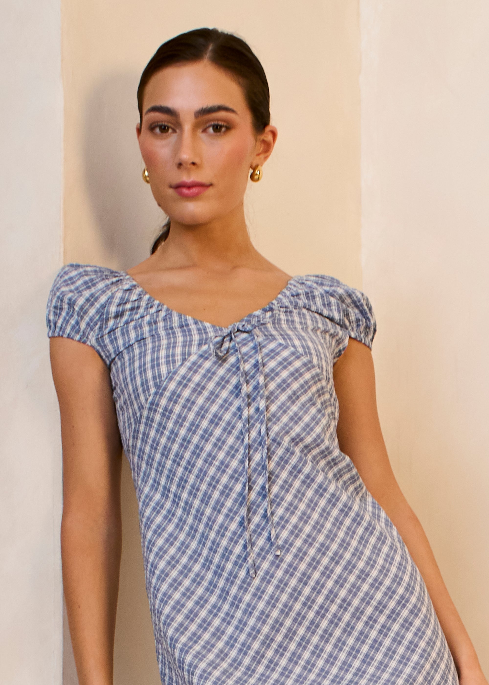 Gini London Blue V Neck Textured Gingham Midi Dress