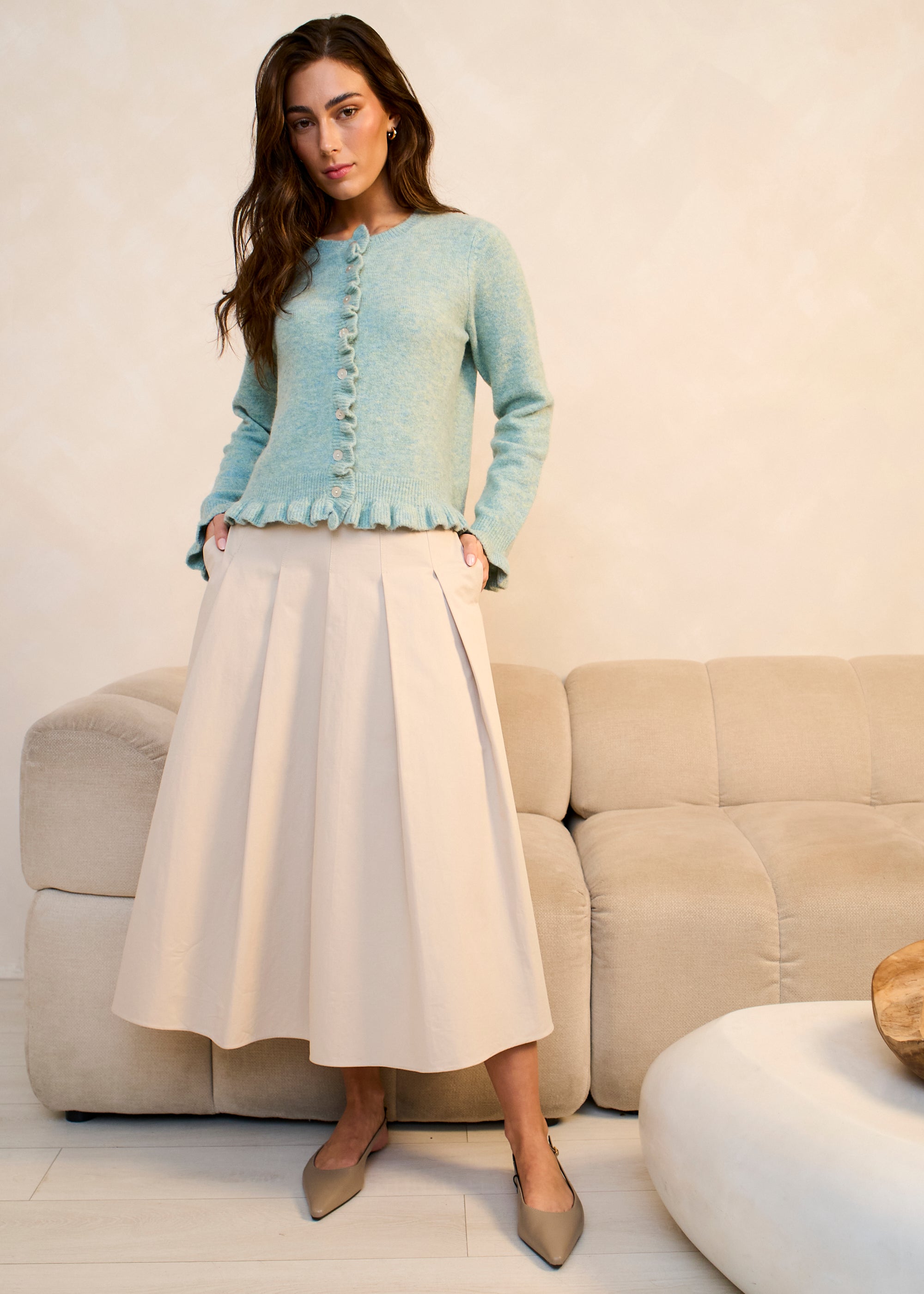 Gini London Green Long Sleeve Ruffle Front Cardigan