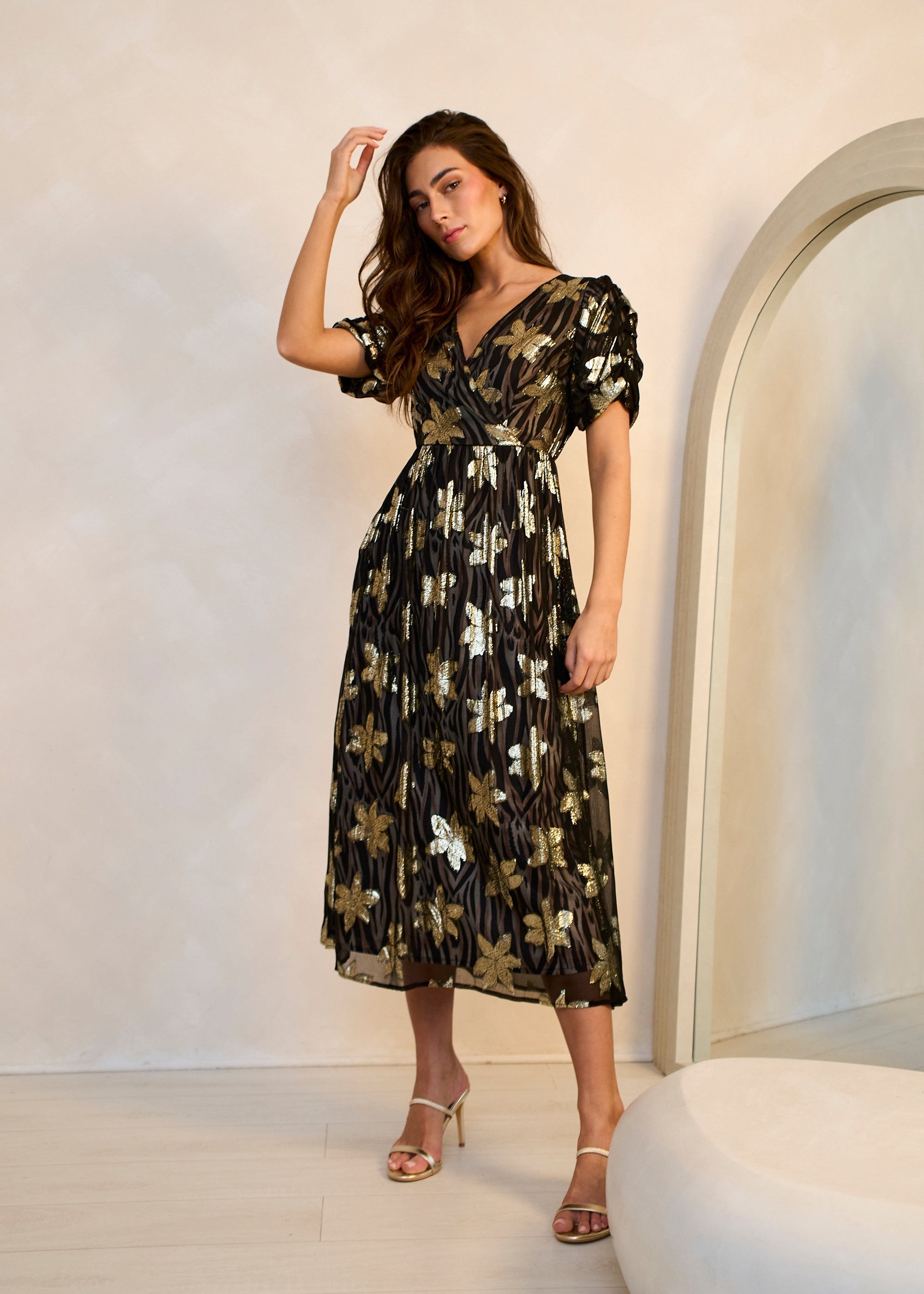 Gini London Black Floral Lurex Wrap Front Dress
